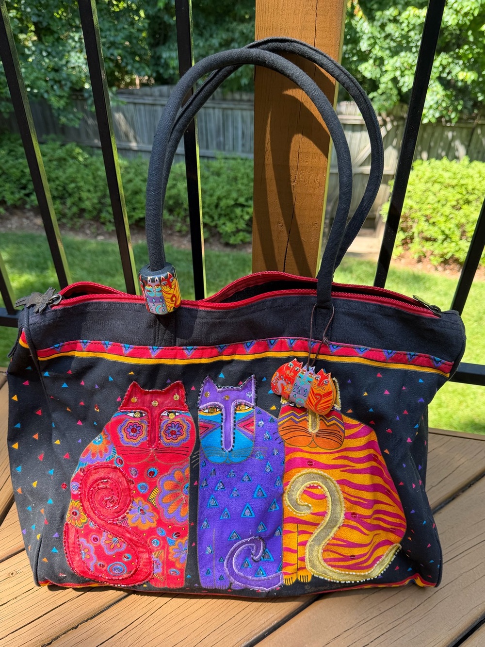 Signed Laurel Burch Colorful Large Canvas Tote “Feline Friends”